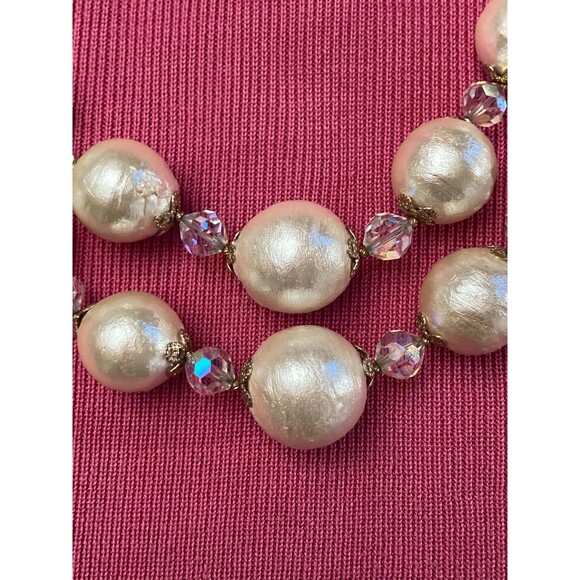 Vintage 60s Necklace 1960s Statement Large Faux Pearl Crystal 2 Strand Retro - Picture 4 of 5